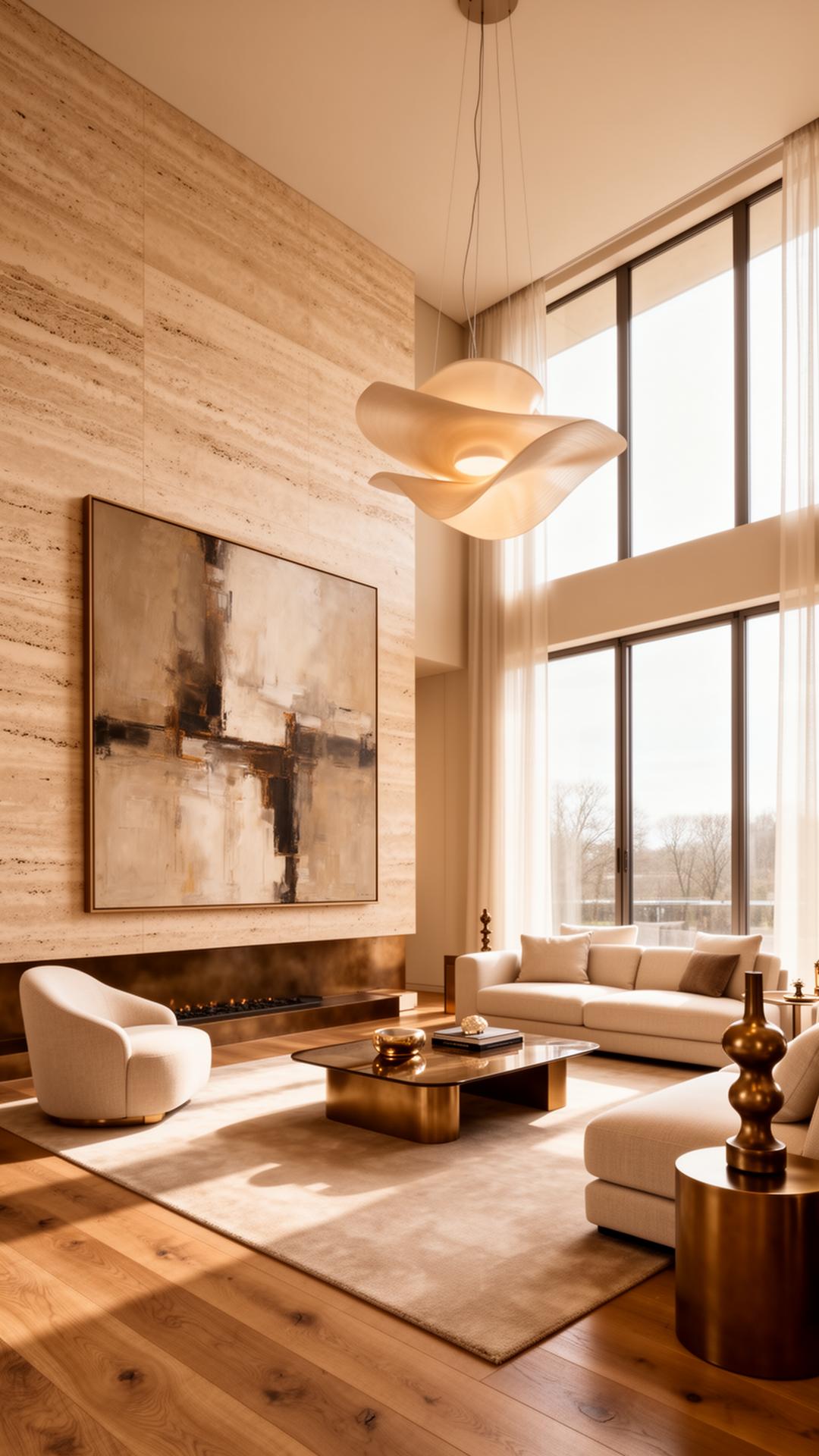 Sala de estar de altíssimo padrão com pé direito duplo, luz natural e mobiliário de design